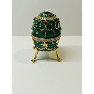 Faberge Egg Replica Green Trinket Music Box Gold Accents Vintage Works Great